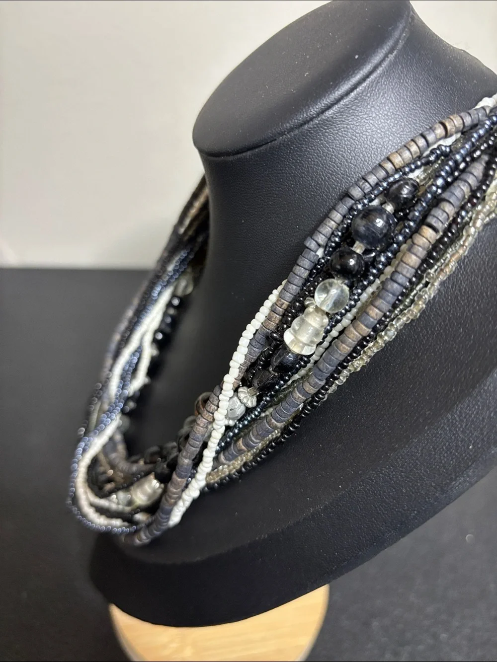 Multi-Strand Mixed Media Glass Wood  Black Gray Beaded Statement Necklace